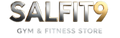 Logo of SALFIT9 Gym & Fitness Store with metallic text on a white background
