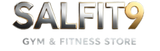 Logo of SALFIT9 Gym & Fitness Store with metallic text on a white background